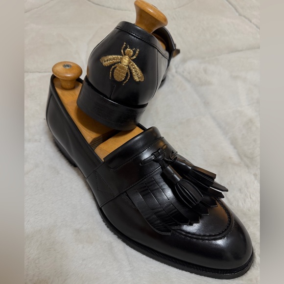$1095 Gucci Kiltie Fringe Tassel Embroidered Black Leather Loafers Shoes 11.5